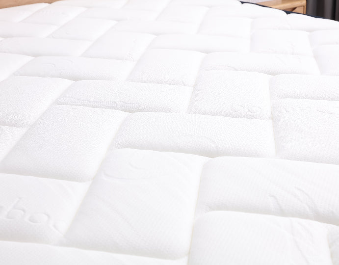 Close-up of a white quilted comforter on a bed